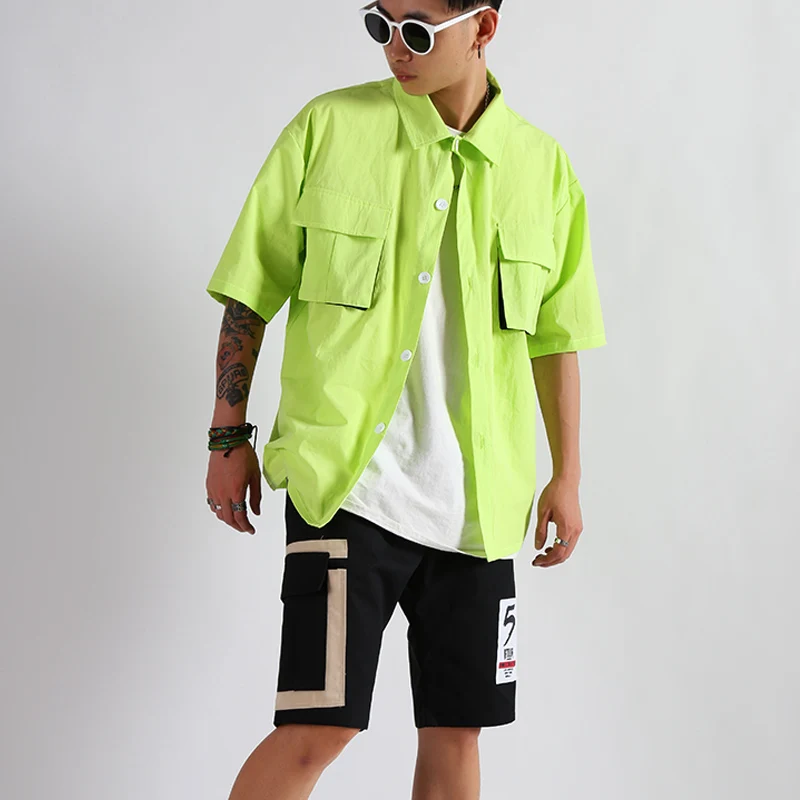 

M-6XL! Big yards men's clothing 2019 Fluorescent green short-sleeved shirts hip hop harbor style loose shirt trend