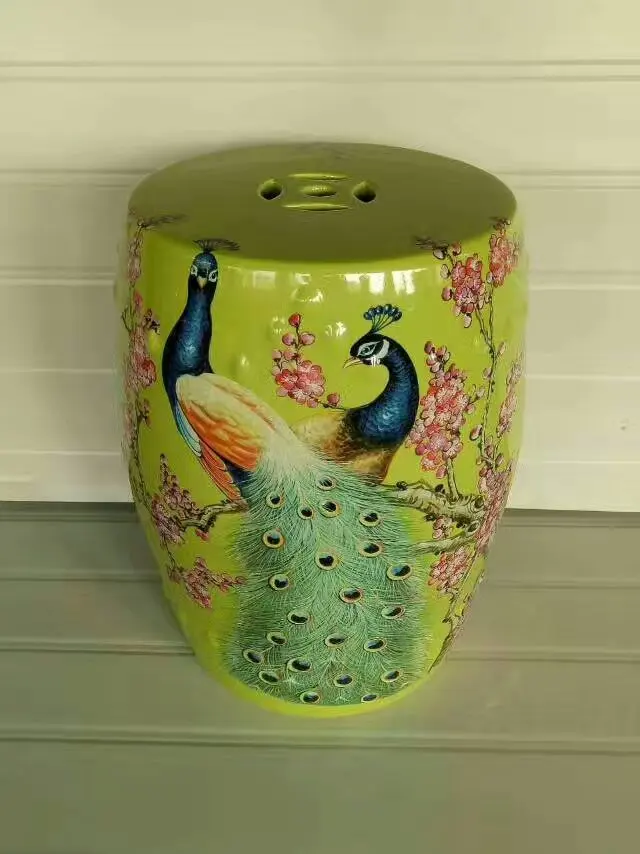 Peacock painting Jindezhen dressing ceramic garden stool Chinese ceramic drum stool bathroom porcelain garden stool green