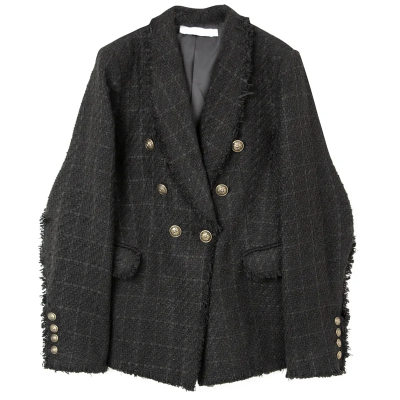 Women's Clothes Spring Retro Tweed Wool Trim Jacket Double Breasted Woman Clothes black Women Coat and Jackets 2019