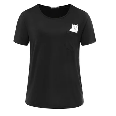 Женская футболка, модная футболка со средним пальцем, с карманом, с кошкой, с животными, для пары, дикого размера плюс, женская короткая футболка, vestidos de festa T007 - Цвет: T007black