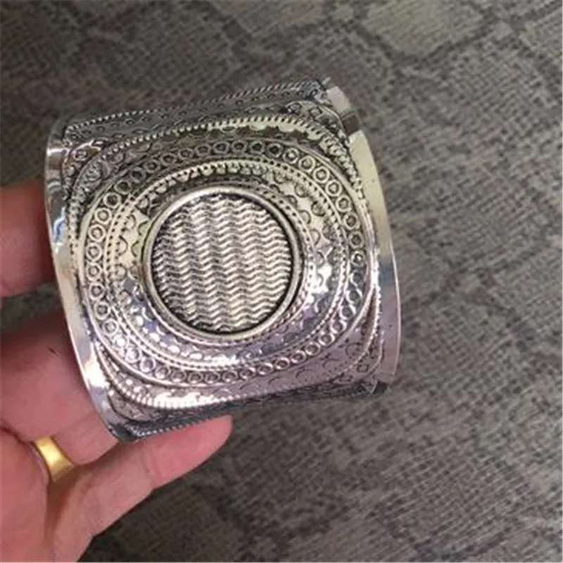 Серебряный Браслет-манжета для женщин винтажные браслеты с кабошонами& Браслеты Этнические модные ювелирные изделия - Окраска металла: round