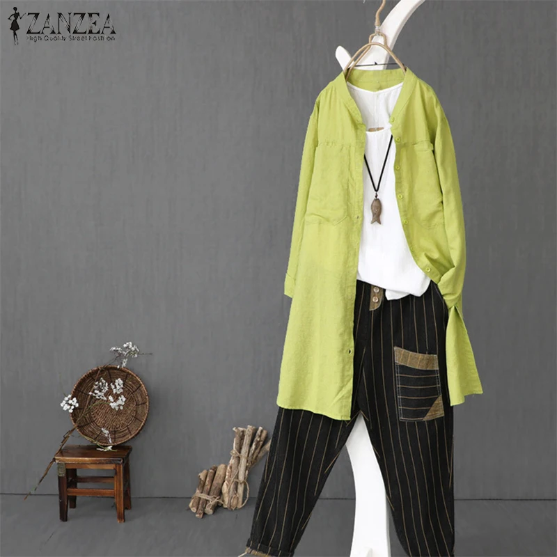 

Autumn Long Shirt ZANZEA Women Stand Collar Buttons Loose Long Sleeve Blouse Cotton Linen Work OL Top Casual Elegant Solid Blusa
