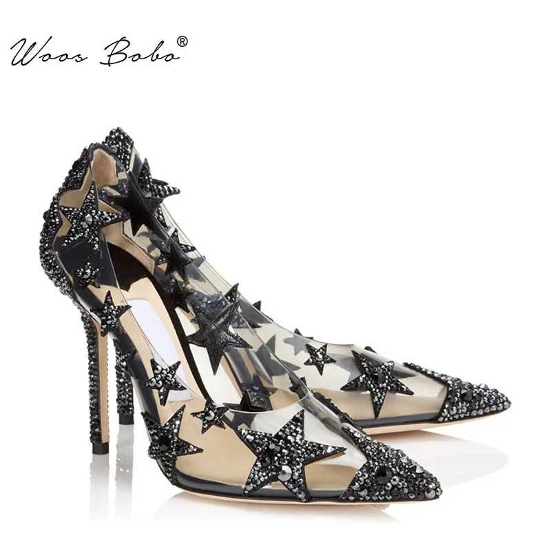 

Star rhinestone bling high heels women Pointed toe Transparent PVC pumps women 2019 fashion Sexy party Single shoes women shoes