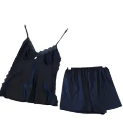 Летний стиль 2017 г. пижамы наборы Для женщин женский набор сон Для женщин глубокий v-образным вырезом Sexy Спагетти шорты на подтяжках шелковые