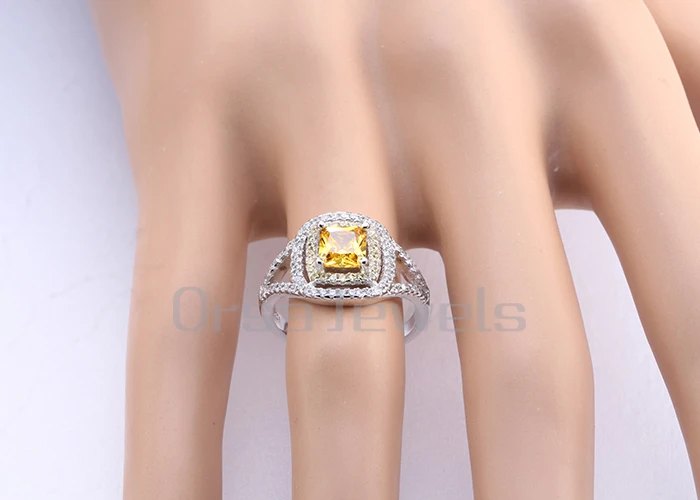 ORSA JEWELS Luxury Princess Cut Yellow Zircon Wedding Ring with Micro Paved Clear and Yellow CZ Fashion Rings for Women OR50