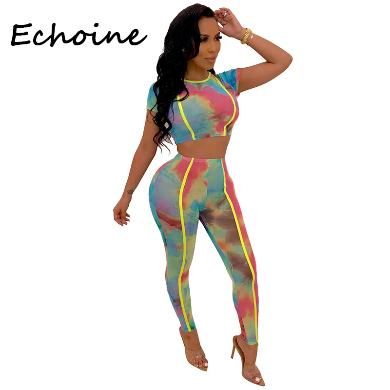 

Echoine Tie Dye Two Piece O-Neck Short Sleeve Top And Long Pants Set Summer Clothes Sportwear Outfits For Women