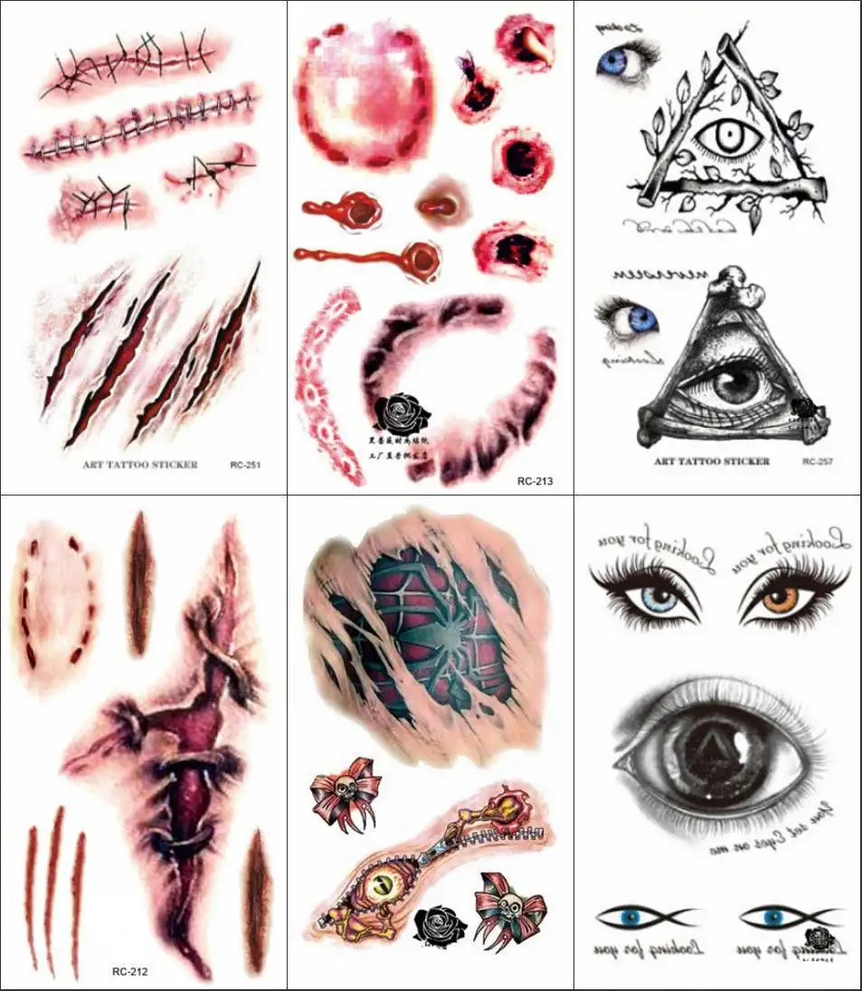 6pcs/lot Funny Temporary Tattoo Sticker Fake Wound Scratches Blood Tooth Print Gunshot Terror