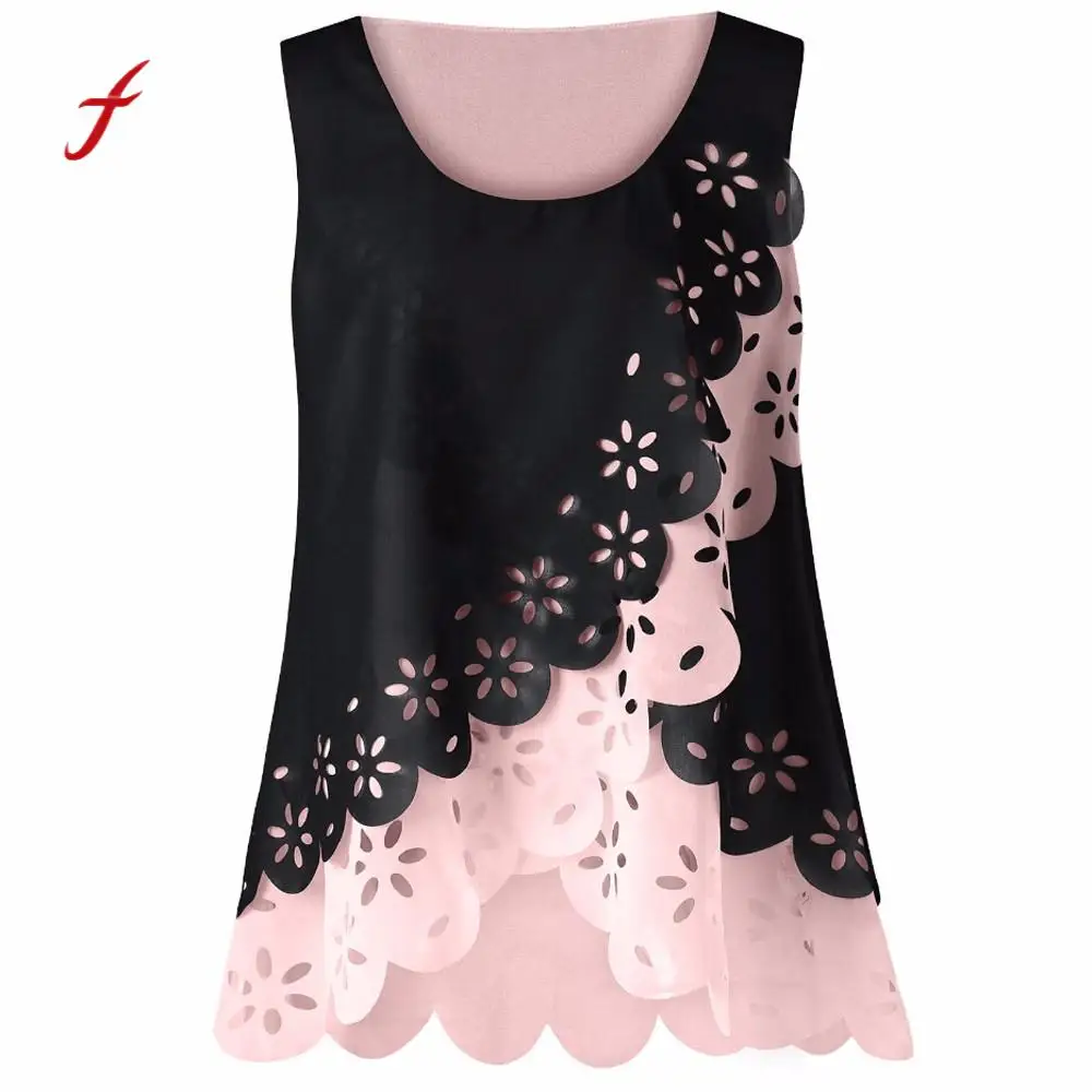 

Feitong 2018 Women summer tops Fashion Women Floral Hollow Out Tops Scalloped O-Neck Chiffon Tank Tops Vest camisa feminina /PY