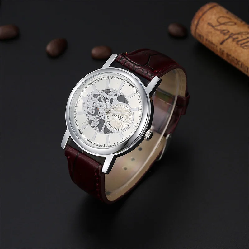 

SOXY Hot Sale Luxury Brand Watch Fashion Hollow Out Skeleton Dial Quartz Watches Men Watch Leather Strap Hour relogio masculino