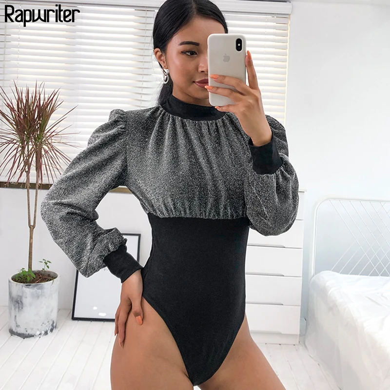 

Rapwriter Sexy Skinny Turtleneck Panelled Silver Bodysuits Women 2018 Spring Long Sleeve Bodycon Open Crotch Glitter Bodysuit