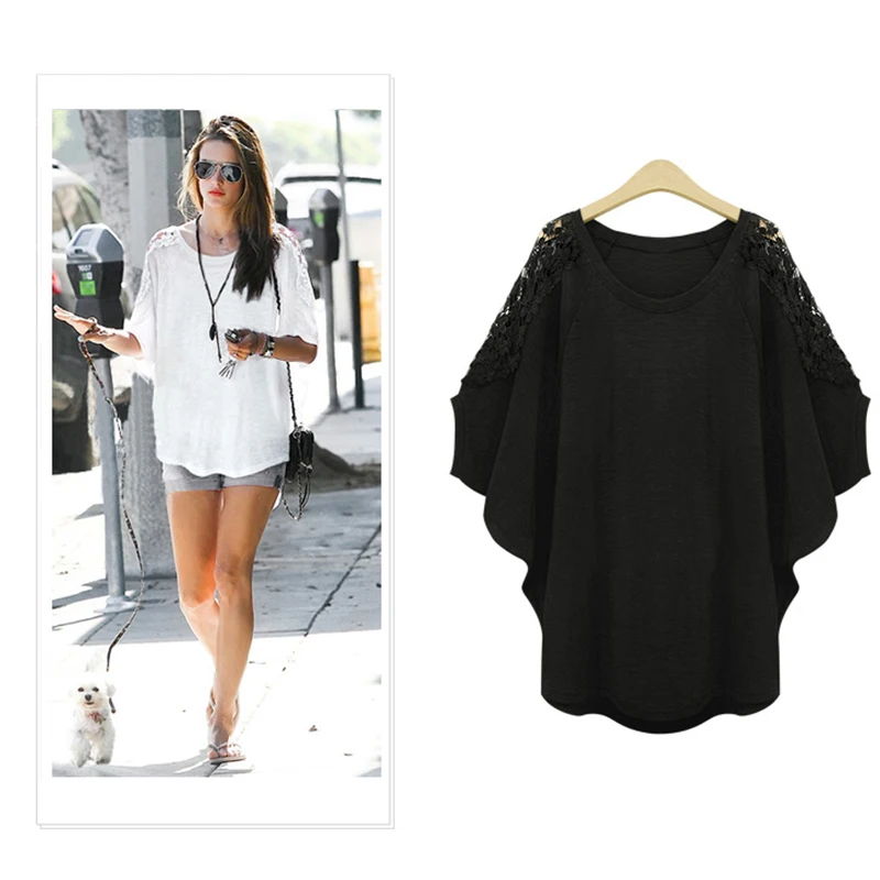 Summer Loose Bat Short-sleeved t-shirt femme Lace Patchwork T-shirt Plus Size 5xl 6xl Hollow Out tshirt Tops Women Army Green Summer Loose Bat Short-sleeved t-shirt femme Lace Patchwork T-shirt Plus Size 5xl 6xl Hollow Out tshirt Tops Women Army Green