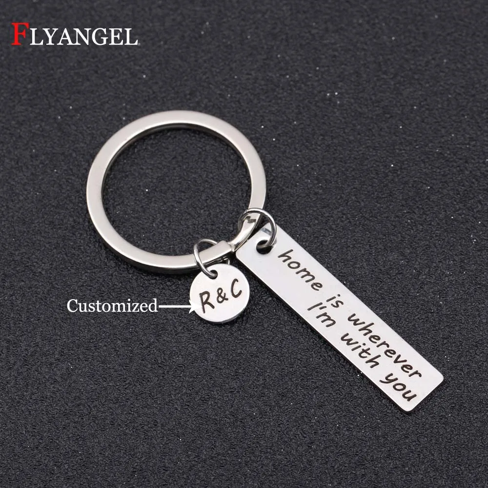 

Customized Name Initials Keychains Personalized Engraved Home is wherever I'm with you Key Rings Family Couples Keyfob Gifts