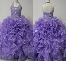 Real Picture Little Girl's Pageant Dresses Glitz 2019 Toddler Halter Crystals Purple Long Baby Flower Dress For Girls Kids Party 2017 new green crystal backless sleeveless bow organza flower girls beads cupcake pageant dresses kids toddler glitz prom infant