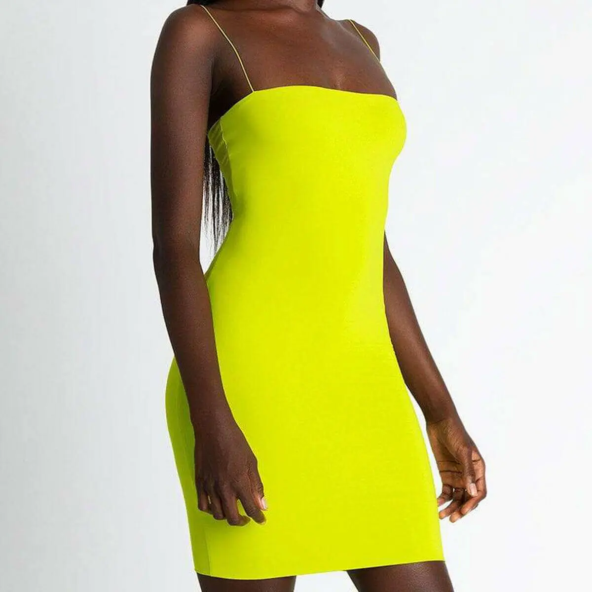 Женское сексуальное тонкое однотонное мини-платье на бретельках без рукавов для вечеринки - Цвет: Fluorescent Yellow