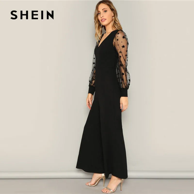 SHEIN Black Contrast Mesh Galaxy Print Sleeve Top And Wide Leg Pants Jumpsuits Women Elegant V neck OL Work Plain Jumpsuit