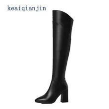 Genuine leather Heel Long Boots Genuine Leather Pointed Toe High Heel Boots Black Red Wedding Plus Size Woman Heel Long Boots