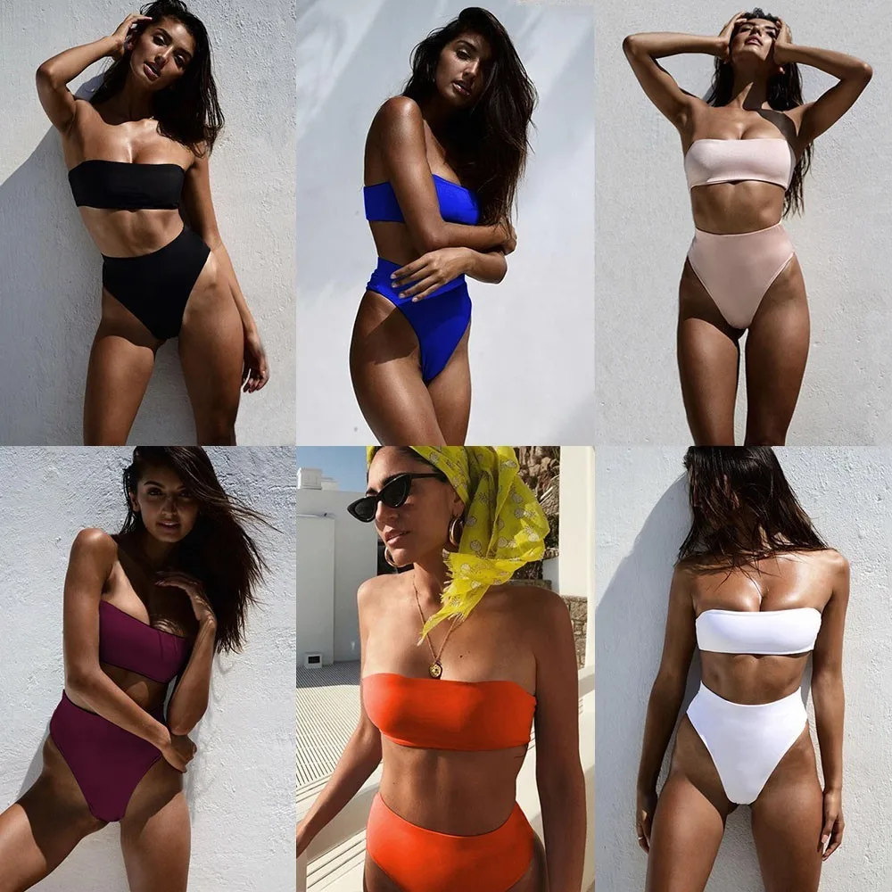 

Seazea Solid Swimsuit High Waist Swimwear Tube Top Bikinis Sexy Bathing Suit Women Beachwear Female 2019 New Bodysuit Blikini
