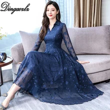 Dingaozlz Vestidos, M-3XL, новинка, отложной воротник, повседневное платье, тонкий длинный рукав, плюс размер, платье,, Осеннее шифоновое платье