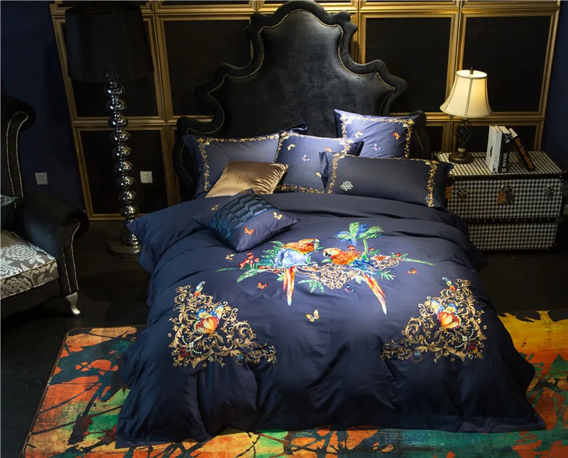 Jungle Landscape Parrot Luxury 100s Cotton Embroidery Bedding Set