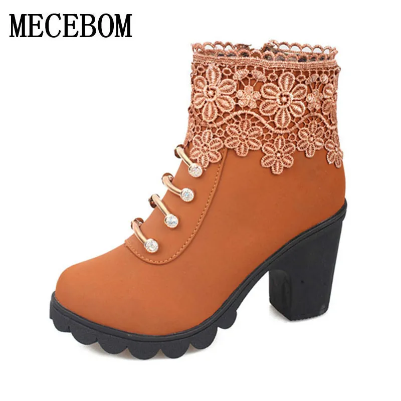 

2018 Artificial Ankle Boots Fashion Ladies lace Ankle Boot Warm Winter Boots High Heels Platform Shoes Woman 1830W
