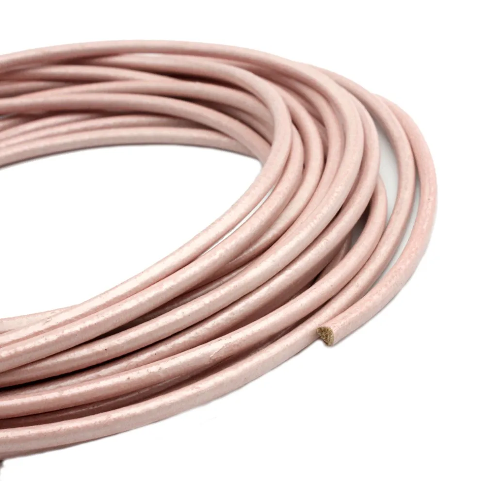 

5 Yards 3mm Round Metallic Pearl Pink Genuine Cow Hide Leather Cord for Bracelet Necklace Making