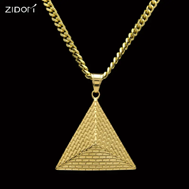 Gold color Stainless Steel Mens triangle pyramid pendant necklaces 70cm