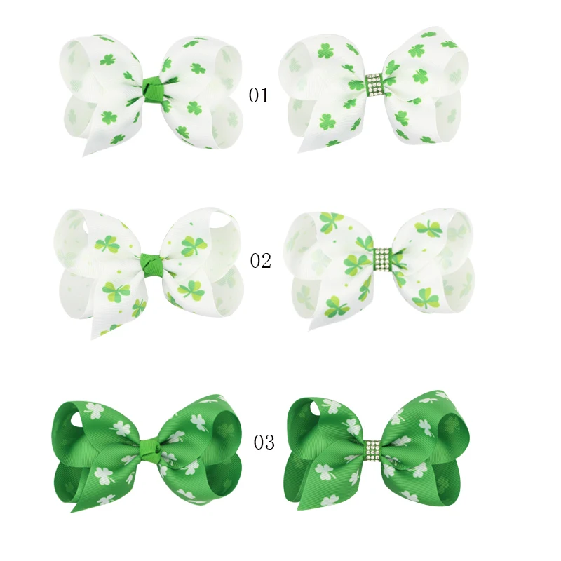 Big Bow Clip Boutique Hair Bows Green Clover Printing Hair Clip Grosgrain Ribbon Bow  Clips For  Kids Hairpins Boutique Hairclips Hair Accessories  (1)