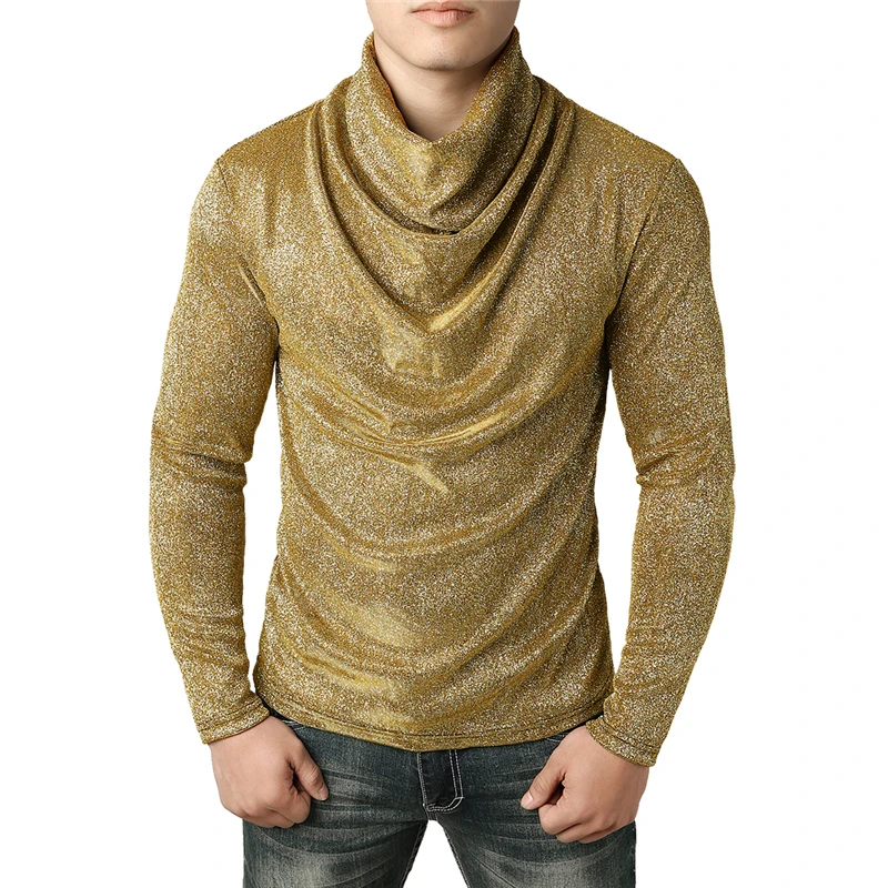 

Nightclub KTV Men Long Sleeve t shirt Turtleneck Pullover tshirt Men S M L XL XXL XXXL Golden silver grey