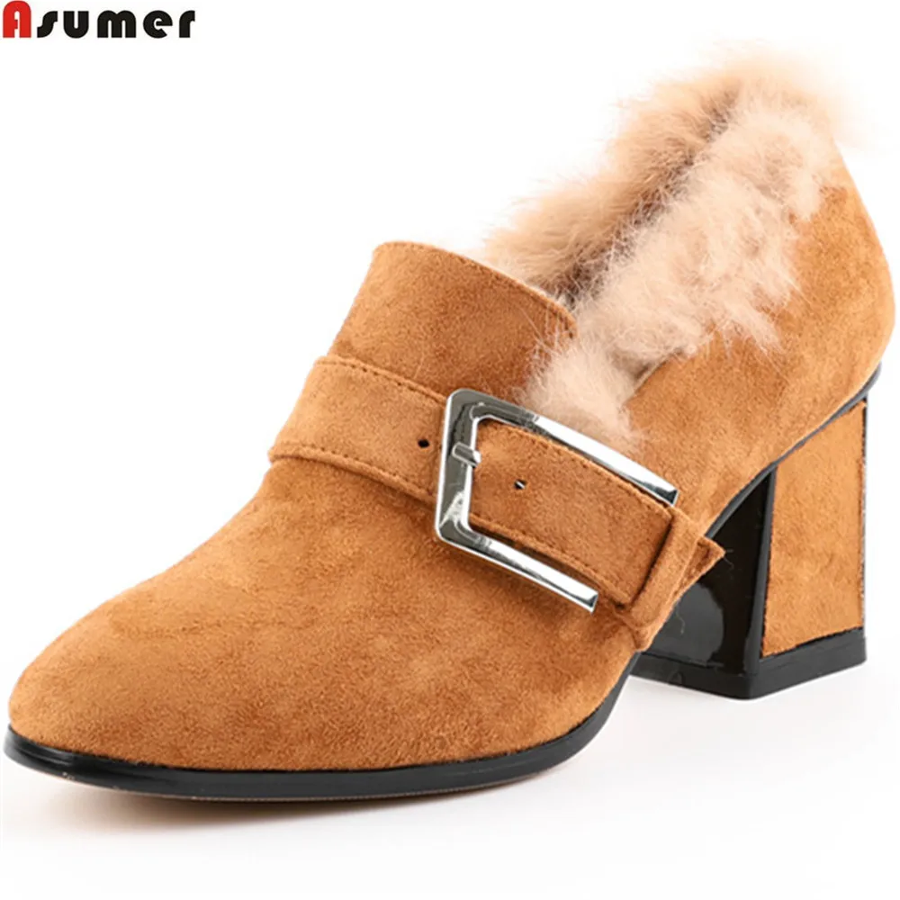 

ASUMER 2018 fashion winternew arrive women pumps kid suede ladies shoes square heel buckle high heel shoes big size 33-42
