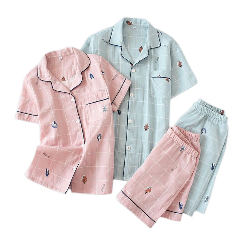 

Casual lovers plaid 100% cotton shorts pajamas sets women summer Korea fresh short sleeve sleepwear women and men homewear