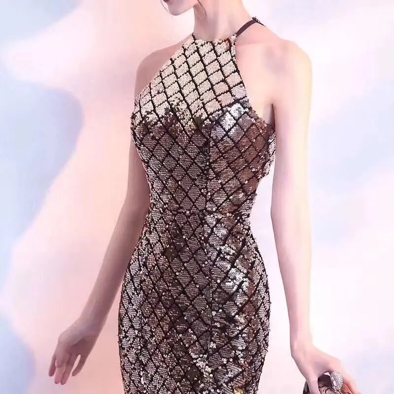 Новое Женское коричневое серебряное облегающее Платье макси с блестками Vestidos с круглым вырезом без рукавов знаменитостей вечернее облегающее платье