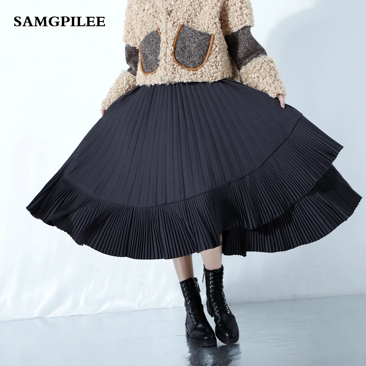 

Pencil Skirt Real Faldas Saia Longa 2019 New Summer Casual Solid A-line Ruffles Mid-calf Natural Women Skirts