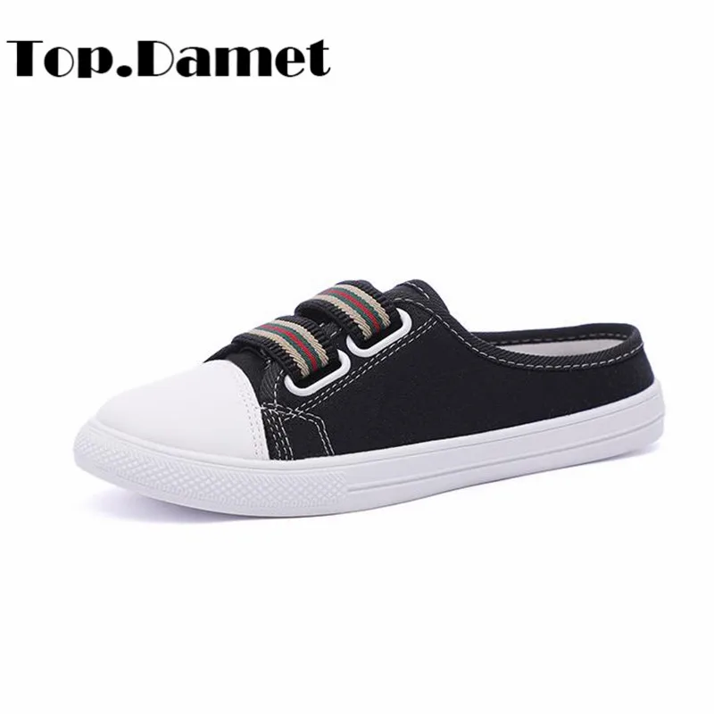 

Top.Damet Women Fashion Sneakers Casual Breathable Slip On Solid Color Shoes Comfortable Flat Half Slipper Canvas Shoes Female