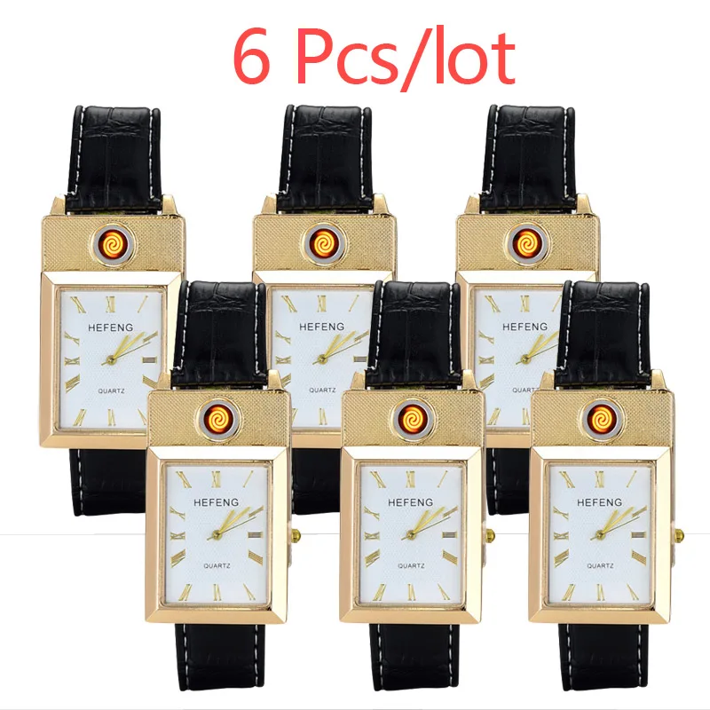

6Pcs/lot Men's Watches relogio masculino Windproof Flameless Rechargeable Cigarette Lighter Hodinky Men's Quartz Wrist Watches