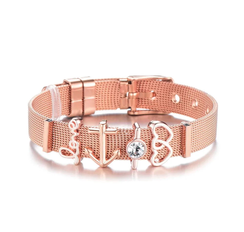

High Quality Stainless Steel Charm Mesh Bracelet Set Anchor Double Heart Crystal Brand Bracelet & Bangle For Women Lovers Gift