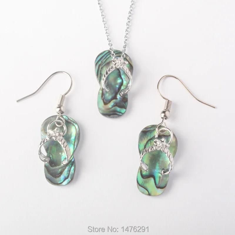 

Charm Natural Abalone Shell Slipper Shoe Bead Dangle Earrings & Pendant 1 Set