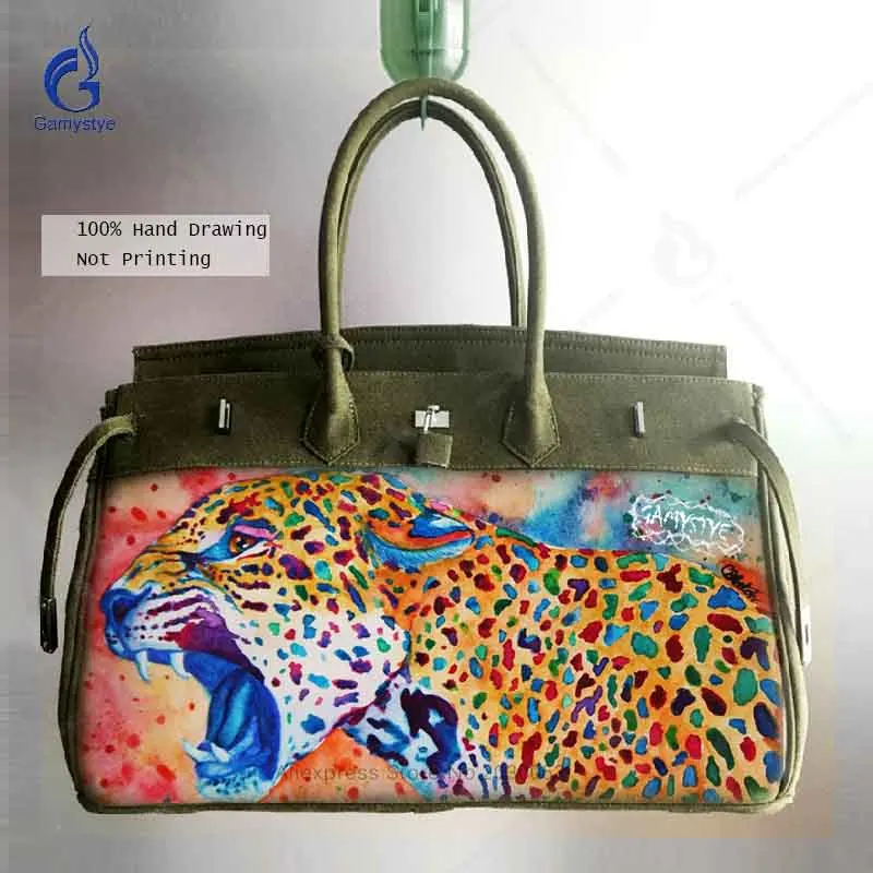 Navy Green Causal Bag Platinum Lock Women Large Capacity Shoulder Tote Bag Famous Brand Design Handbag Hand Painted Lion Bags