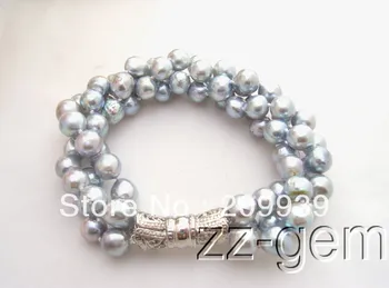 

FREE SHIPPING 0079 3Strds Silver Gray Salt Water Pearl Bracelet