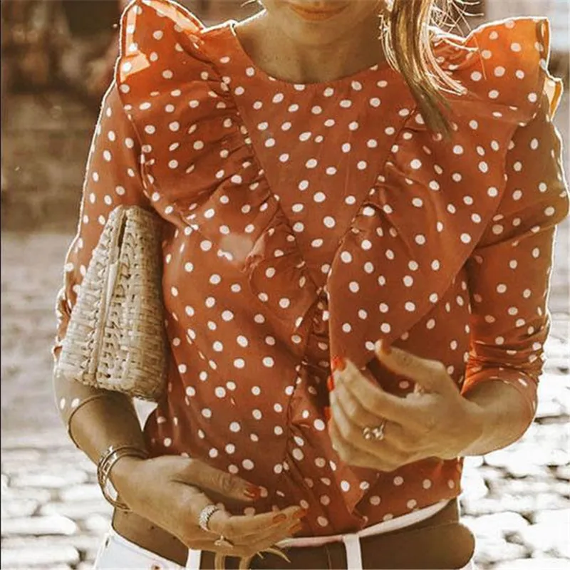 

Stock Womens Bouse Polka Dot V-Back Tops Ladies Summer Ruffled Lady Orange Top Blouse camiseta mujer 2019 Newest Hot Sale Summer
