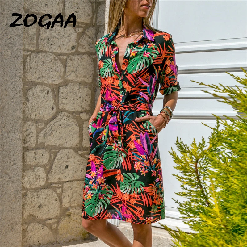 

ZOGAA Autumn Summer Dress Women Floral Print Lace Up Beach Dress Party Dress with Pocket Knee Length Vestidos Verano Plus Size
