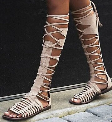 

Hot Selling High Quality Grey Suede Leather Lace-up Gladiator Sandals Boots for Women Fashion Flat Summer Dress shoes woman Free