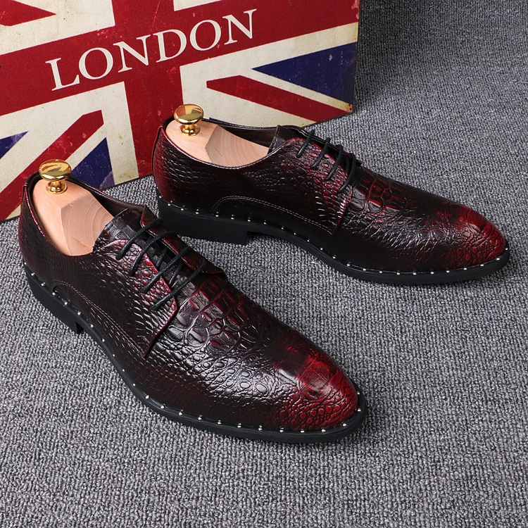 

Wine Crocodile Italian Men Formal Wedding Black Lace Up Oxford Print Party Business Male Dress Brown Shoes