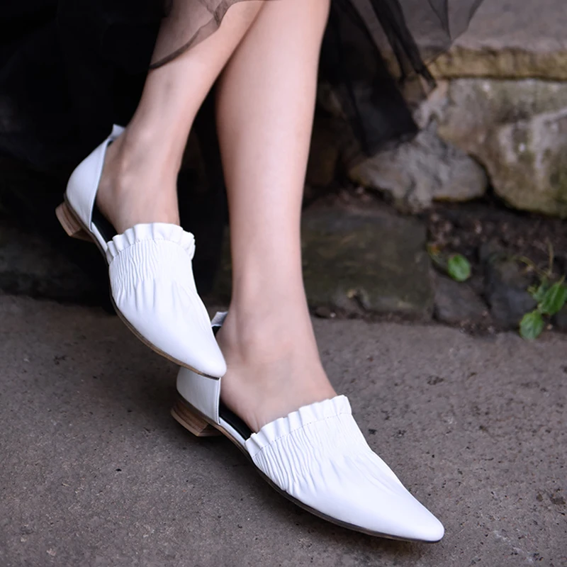 

Artmu Original New Pointed Toe Women Sandals Ruffles Genuine Leather Women's Shoes Low Heels Handmade Shoes X3-3