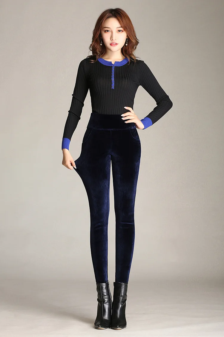 Зимние Бархатные обтягивающие леггинсы, женские теплые велюровые штаны размера плюс 4xl, эластичные однотонные повседневные брюки с высокой талией, черные, синие