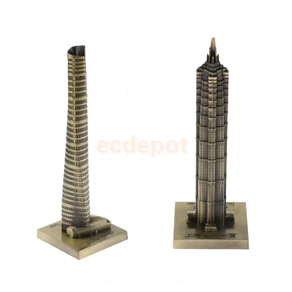 2pcs Vintage Metal Jin Mao Tower Statue and Shanghai Tower Building Statue Figurine Travel Souvenirs Art Crafts