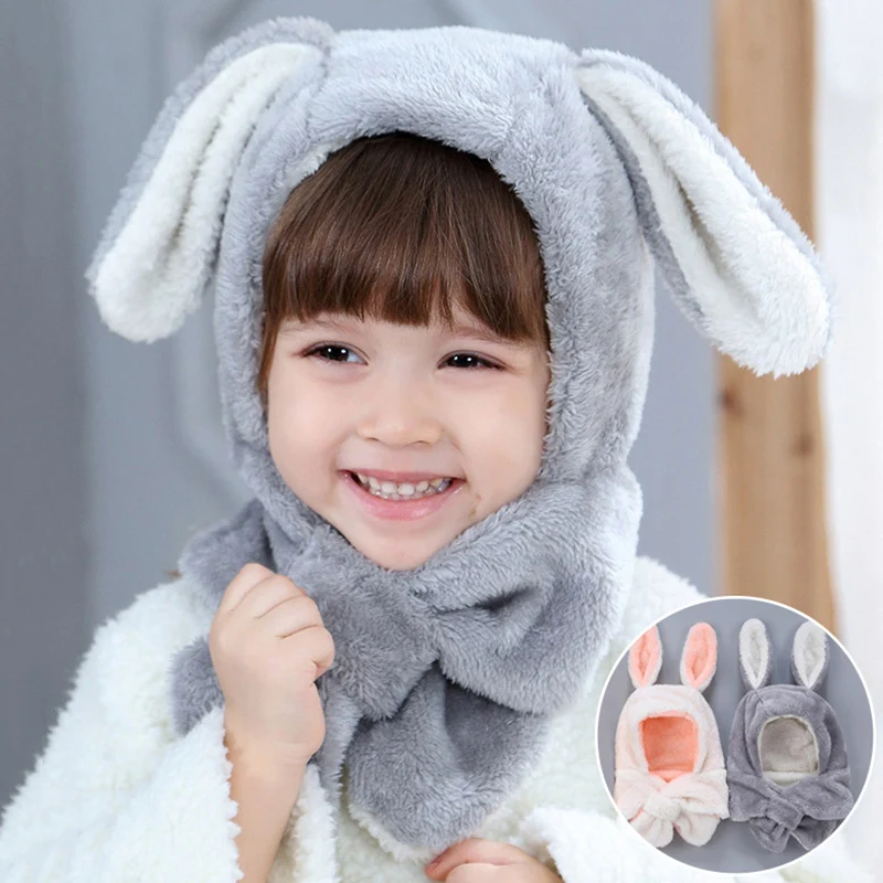 

Soft Velvet Baby Hat Beanie Cartoon Cute Bear Rabbit Ears Kids Hat Boys Girls Winter Thicken Warm Hooded Scarf Cap baby bonnet