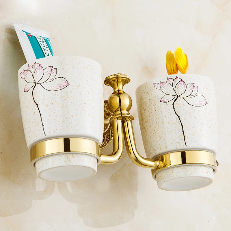 Brass Finish Wall Mounted Toothbrush Holder Cup Double Cup Holderin