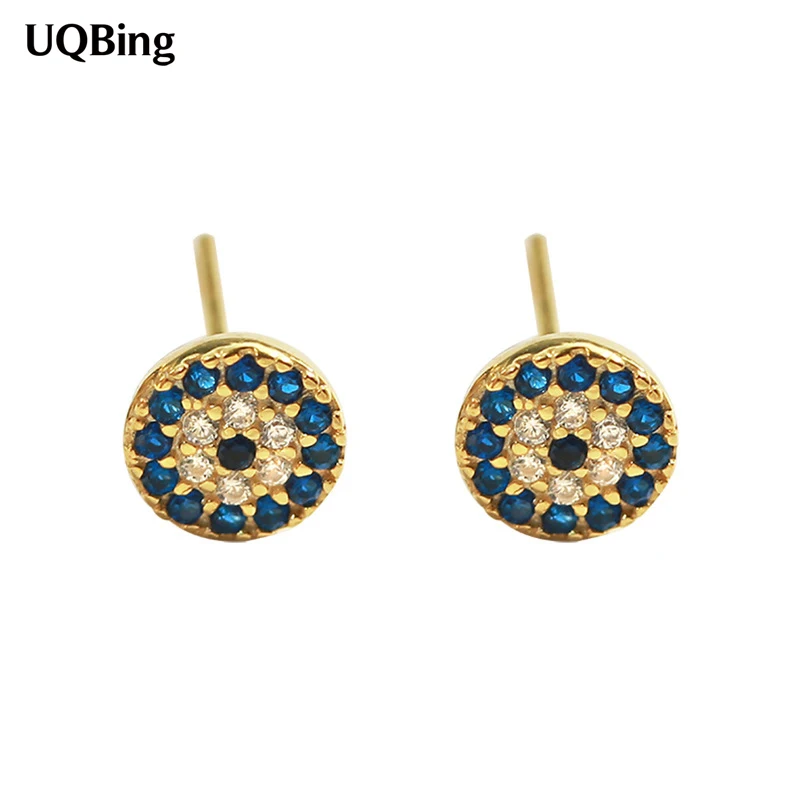 Personality Full Zircon Round Stud Earrings Solid 925 Sterling Silver Talisman Blue Eyes Gold Color Fashion Jewelry gift | Украшения и