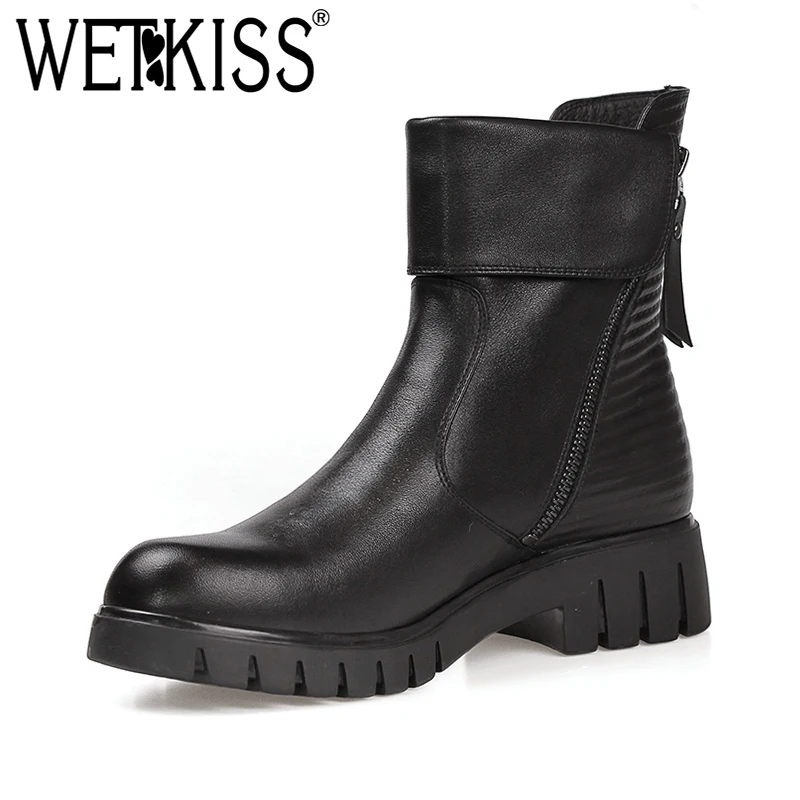 

WETKISS Winter Shoes Ankle Boots Short Plush Platform Leather Zipper Footwear New Winter Fashion Casual Female Shoes