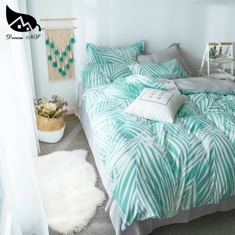 Dream NS зеленый стираный хлопковый комплект постельного белья для белых листьев, постельное белье, наволочка, теплый мягкий домашний текстиль для спальни, гостиной